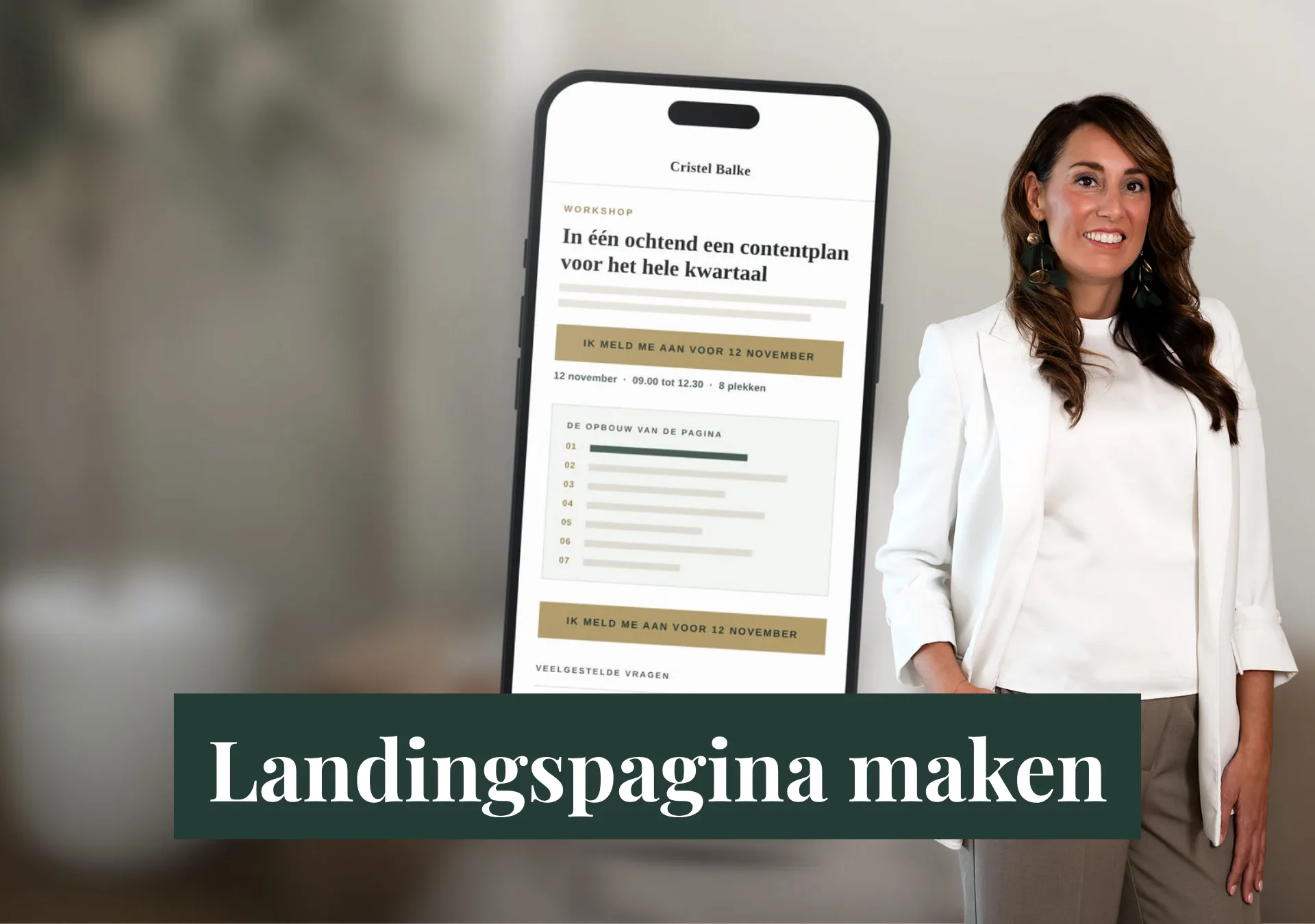 Telefoon met een landingspagina voor een workshop, met één duidelijke aanmeldknop