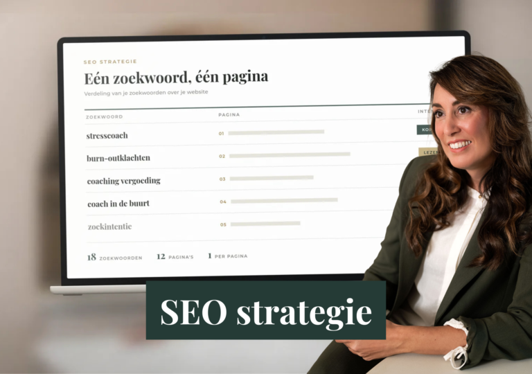 Laptop met een seo strategie in beeld: een tabel waarin elk zoekwoord aan een pagina is toegewezen.