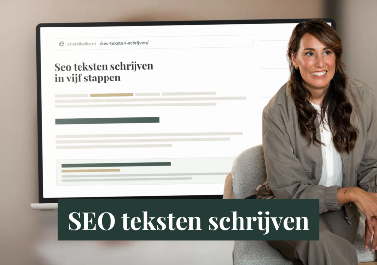 Laptop met een artikelpagina waarop de vaste plekken voor seo teksten zijn gemarkeerd: url, titel, opening, tussenkop en meta description