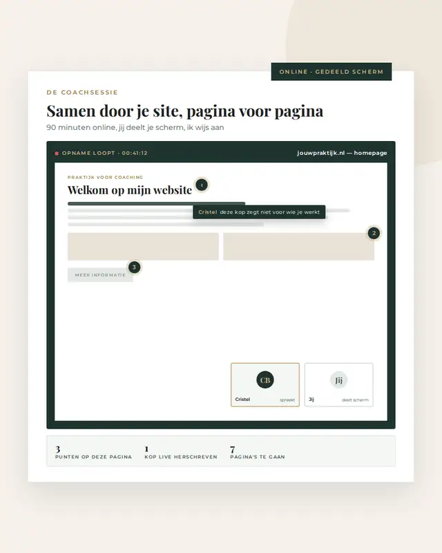 Online coachsessie met websitecoach Cristel Balke: gedeeld scherm met aantekeningen op de homepage